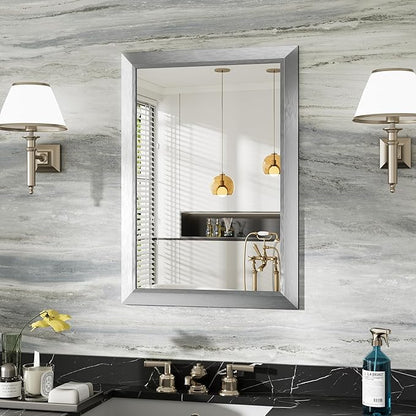 22x30 Inch Brushed Silver Bathroom Mirror for Wall, Thick Metal Framed Rectangle Mirrors for Over Sink, Bedroom, Living Room, Entryway, Anti-Rust, HD Tempered Glass