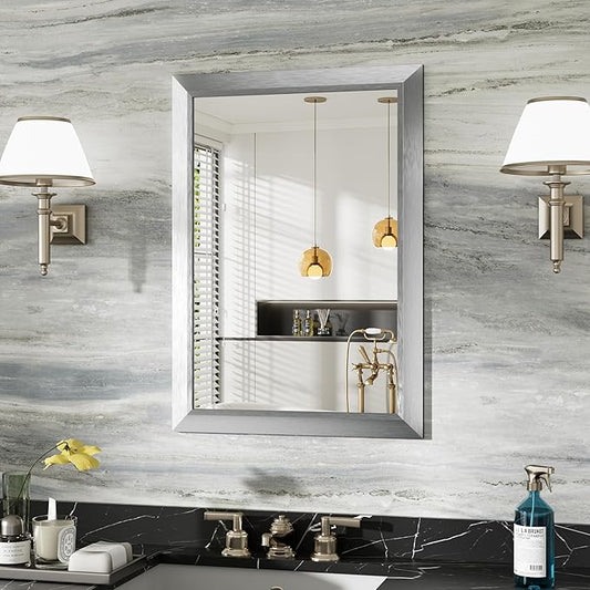 22x30 Inch Brushed Silver Bathroom Mirror for Wall, Thick Metal Framed Rectangle Mirrors for Over Sink, Bedroom, Living Room, Entryway, Anti-Rust, HD Tempered Glass