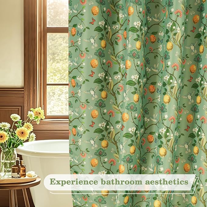 Green Floral Bird Shower Curtain, Hummingbird and Lemon Botanical Fabric Bath Curtains, Lightweight Quick-Dry Bathroom Shower Curtain Set with Hooks