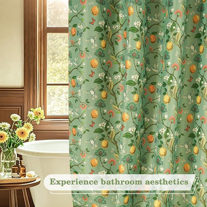 Green Floral Bird Shower Curtain, Hummingbird and Lemon Botanical Fabric Bath Curtains, Lightweight Quick-Dry Bathroom Shower Curtain Set with Hooks