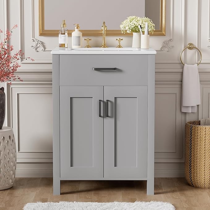 24" Bathroom Vanity with Sink, Modern Bathroom Vanity 24 Inch with Sink, 24 Bathroom Sink Vanity with Flip Drawer, Cabinet and Door Shelves, 24" Vanity with Sink for Bathroom (Grey)