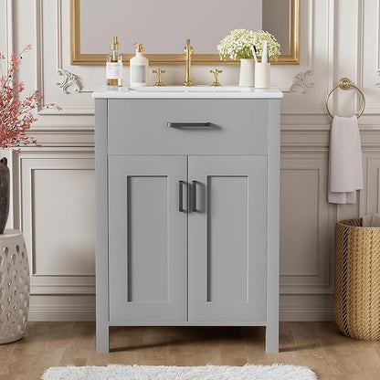24" Bathroom Vanity with Sink, Modern Bathroom Vanity 24 Inch with Sink, 24 Bathroom Sink Vanity with Flip Drawer, Cabinet and Door Shelves, 24" Vanity with Sink for Bathroom (Grey)