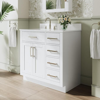36-Inch Bathroom Vanity with Sink W/ 2 Doors & 4 Drawers & 1 Flip Drawer, White Vanity W/Brushed Nickel Handles