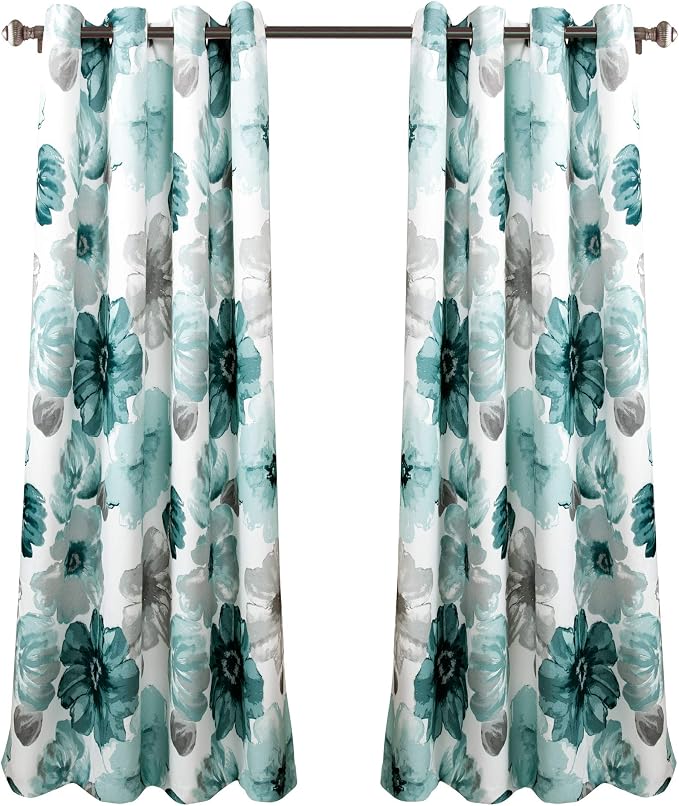 Lush Decor Leah Light Filtering Window Curtain Panels, Pair, 52" W x 63" L, Blue - Floral Drapes for Bedroom - Blue Curtains - Farmhouse Decor