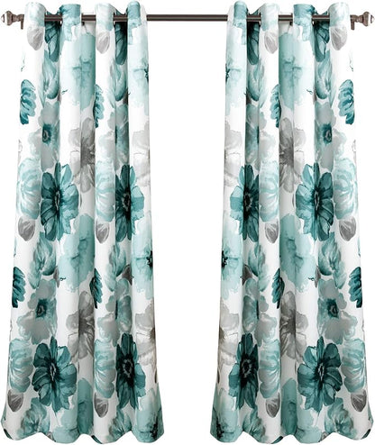 Lush Decor Leah Light Filtering Window Curtain Panels, Pair, 52" W x 45" L, Blue - Floral Drapes for Bedroom - Blue Curtains - Farmhouse Decor