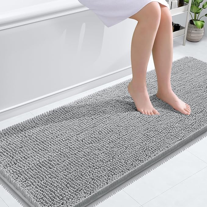 OLANLY Bathroom Runner Rugs 59x24, Extra Soft Absorbent Chenille Bath Rugs | Light Grey, Quick-Drying Rubber Backing, Washable Long Bath Mat for Bathroom Floor, Tub and Shower, Home Decor Accessories