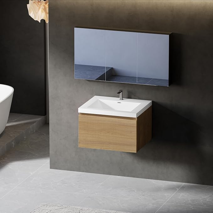 24" Floating Bathroom Vanity with Sink, Wall-Mounted Modern Oak Storage Cabinet, Wave-Textured Soft-Close Drawer & Glossy White Solid Surface Basin, Natural Oak