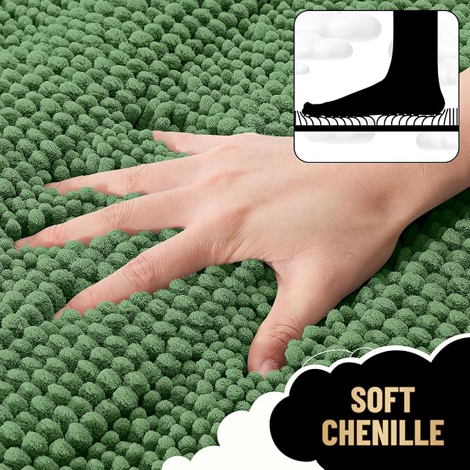 OLANLY Thick Small Bathroom Rugs 24x16, Chenille Bath Rugs, Olive Green | Rubber Backing, Machine Wash, Extra Absorbent Striped Bath Mats for Bathroom Floor, Tub and Shower, Home Decor Accessories