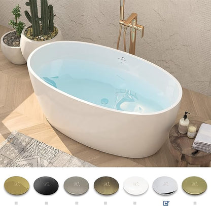 FerdY Tahiti 55" Acrylic Freestanding Bathtub, Elegant Oval Shape Soaking Bathtub, Glossy White, Chrome Drain & Integrated Slotted Overflow Assembly Included cUPC Certified