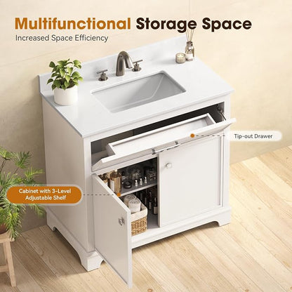 36 Inch Bathroom Vanity with Sink, White | Bathroom Sink Cabinet with Marble Countertop & Backsplash, Soft Closing 2 Doors & 1 Drawer, Adjustable Shelf
