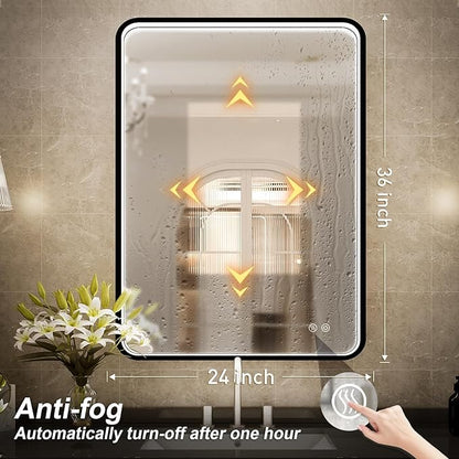 36x24 Inch Black Frame LED Lighted Bathroom Mirror,ETL Listed | 3 Color Anti-Fog,3000K/4500K/6000K Dimmable,Horizontal & Vertical,Wall Mounted,Memory Function,Ideal for Bathroom,Vanity