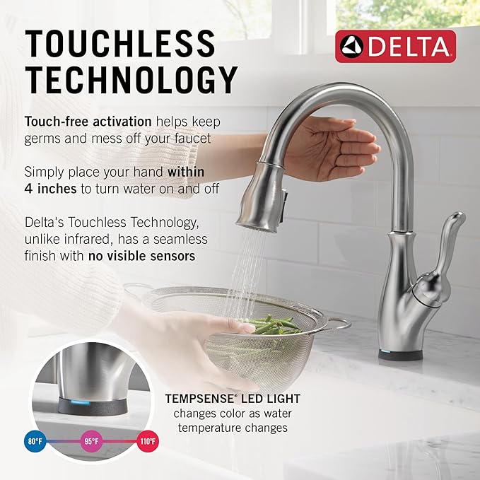 Delta Leland Touchless Kitchen Faucet with Touch Technology, Brushed Nickel Kitchen Sink Faucet with Pull Down Sprayer, Single Hole, Arctic Stainless 9178TL-AR-DST
