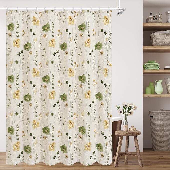 OliveGreen Linen Watercolor Floral Fabric Shower Curtain, 72x72 | Linen Fabric, Modern Minimalist Floral Print, Machine Washable, Rustproof Grommets, for Bathroom Home