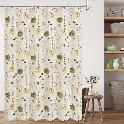 OliveGreen Linen Watercolor Floral Fabric Shower Curtain, 72x72 | Linen Fabric, Modern Minimalist Floral Print, Machine Washable, Rustproof Grommets, for Bathroom Home