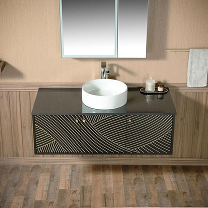 Woodbridge 48" Wall Mounted Floating Bathroom Vanity – Round Ceramic Vessel Sinks & Black Engineered Stone Top, Matte Black Lacquer Finish and Gold Accents, Space-Saving Wall-Mount Style