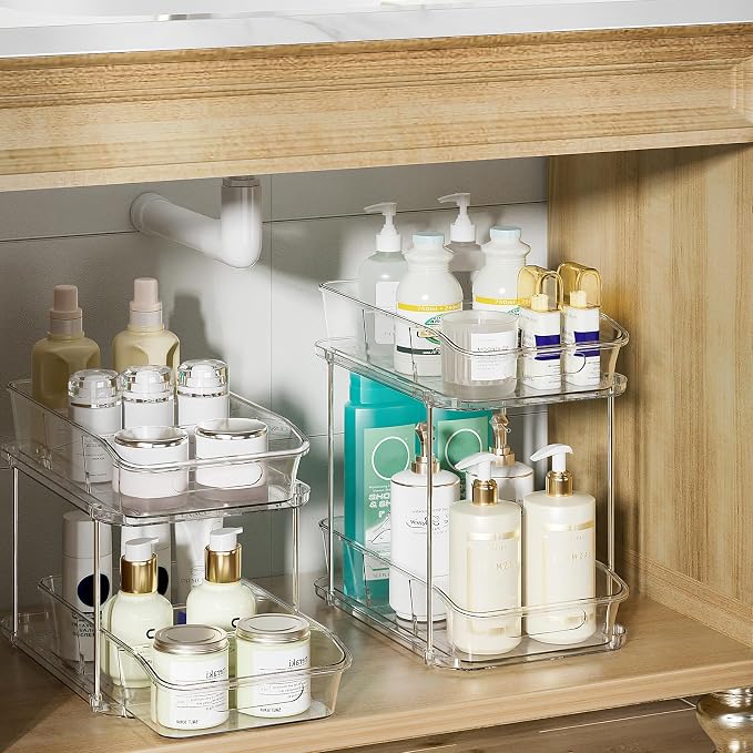 Delamu Bathroom Under Sink Organizers and Storage, 2 Pack, Clear | 2-Tier Multi-Purpose, Stackable, Pull Out Cabinet Kitchen Pantry Organization and Storage with Dividers