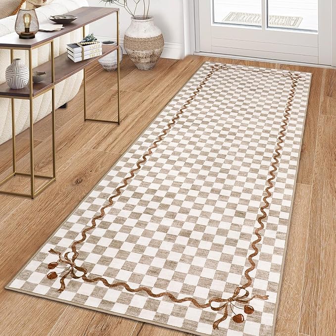 Garvee Washable Runner Rug for Hallway 2x6 Checkered Cherry, Non Slip | Coquette Aesthetic Decor Non Slip Kitchen Rugs Low Pile Entryway Rug Soft Stain Resistant Carpet for Bedroom Bathroom Laundry