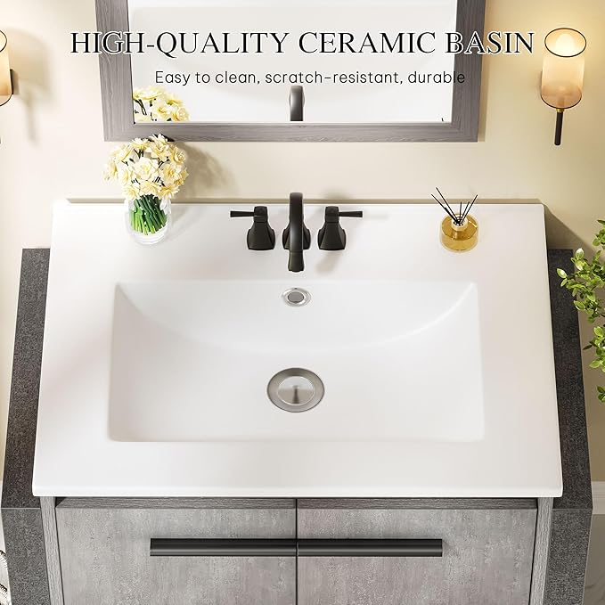 DWVO 24" Bathroom Vanity with Sink Combo, Wall Mounted Modern Bathroom Cabinet with Ceramic Sink, Large Storage Double Soft-Close Doors Cabinet Vanity, Grey