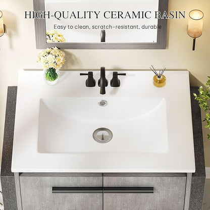 DWVO 24" Bathroom Vanity with Sink Combo, Wall Mounted Modern Bathroom Cabinet with Ceramic Sink, Large Storage Double Soft-Close Doors Cabinet Vanity, Grey