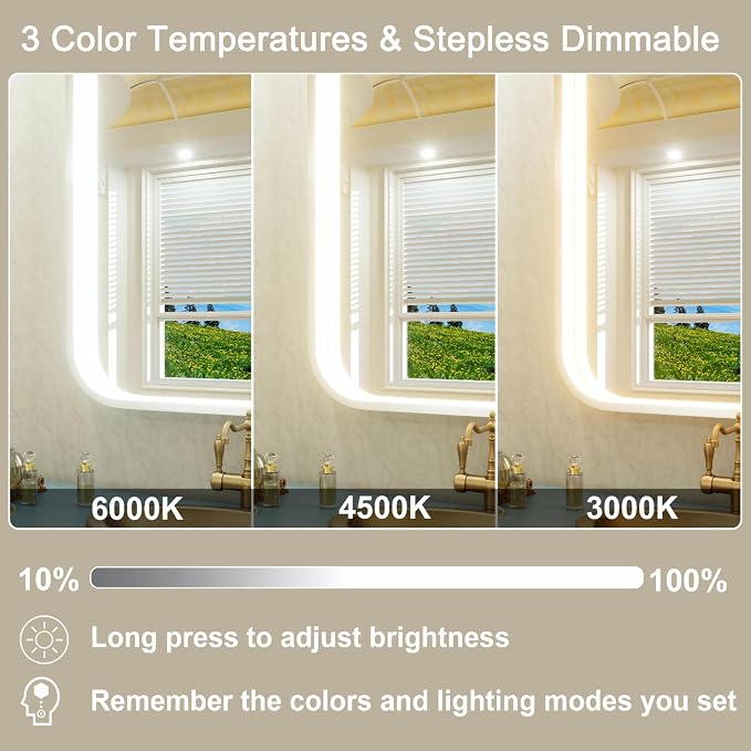 28"x36" Silver LED Bathroom Mirror with 3000K/4500K/6000K Lights | Stepless Dimmable,Anti-Fog,Memory Function,Aluminum Frame Wall Mount Lighted Bathroom Vanity Mirror,ETL Cert‌,IP54 Waterproof