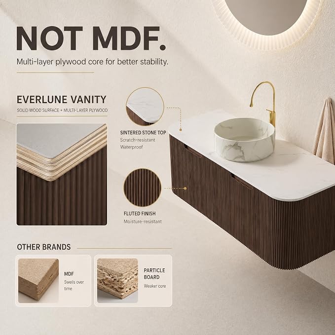 48 Inch Bathroom Vanity with Sink, Floating Wall Mounted Single Sink Vanity, Dark Walnut Curved Fluted Front, Stone Top, Marble-Look Round Vessel Basin, Pre-Assembled