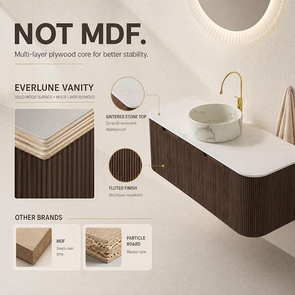 48 Inch Bathroom Vanity with Sink, Floating Wall Mounted Single Sink Vanity, Dark Walnut Curved Fluted Front, Stone Top, Marble-Look Round Vessel Basin, Pre-Assembled