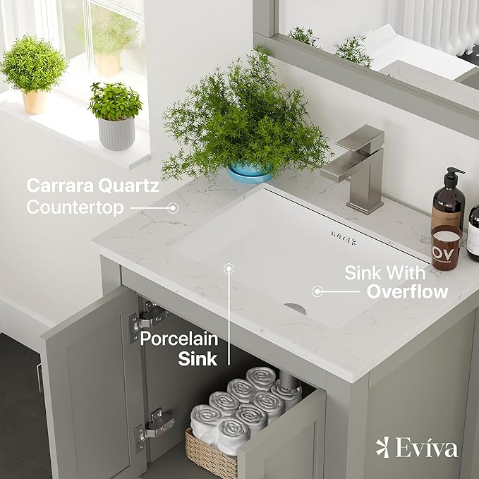 Eviva London 24 in. Gray Single Sink Bath Vanity with Carrara Quartz Top and Undermount Porcelain Sink