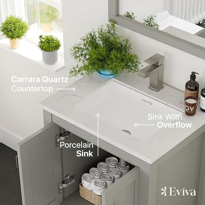 Eviva London 24 in. Gray Single Sink Bath Vanity with Carrara Quartz Top and Undermount Porcelain Sink