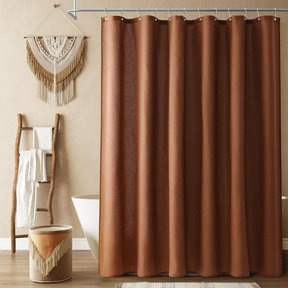Rustic Brown Linen Shower Curtain, Country Boho Farmhouse Bath Decor Shower Curtains Neutral Cloth Weighted Textured Fabric Bath Curtain Liner with Hooks, 72x84
