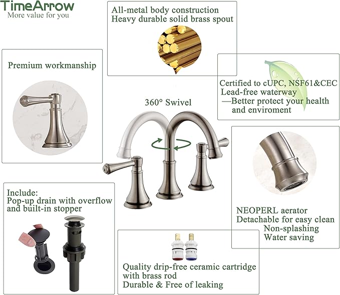2 Handle 8 inch Widespread Bathroom Sink Faucet Brushed Nickel with Pop-Up Drain, High Arc Modern Bathroom/Vanity/Lavatory Faucet 3 Holes with Brass 360° Swivel Spout, TAF830Y-BN