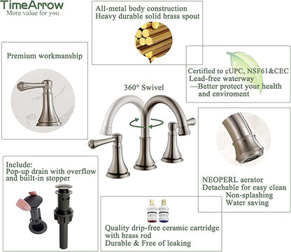 2 Handle 8 inch Widespread Bathroom Sink Faucet Brushed Nickel with Pop-Up Drain, High Arc Modern Bathroom/Vanity/Lavatory Faucet 3 Holes with Brass 360° Swivel Spout, TAF830Y-BN
