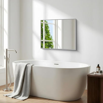 BONEWEI Silver Bathroom Mirror,24x30 inch Wall Mirror for Bathroom Wall Mounted,Rectangle Mirror for Bathroom Over Sink,Modern Metal Frame for Living Room,Bedroom Entryway,Horizontal/Vertical