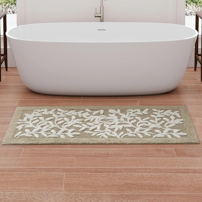 Madison Park Serene Tufted Bath Rug Cotton Absorbent, 24 x 60, Taupe | Quick Dry, Soft Pile, Machine Washable, Floral Pattern, Plush, OEKO-TEX Certified