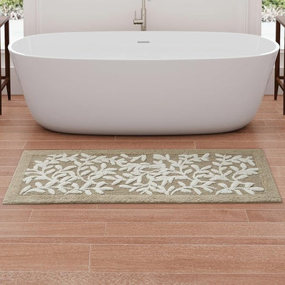Madison Park Serene Tufted Bath Rug Cotton Absorbent, 24 x 60, Taupe | Quick Dry, Soft Pile, Machine Washable, Floral Pattern, Plush, OEKO-TEX Certified