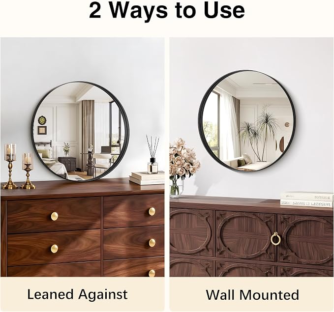 Black Round Mirror 18 inch Deep Frame Circle Mirror, Metal Framed Bathroom Mirror, Round Vanity Mirror, Circle Mirrors for Wall Entryway Bedroom Living Room Hallway
