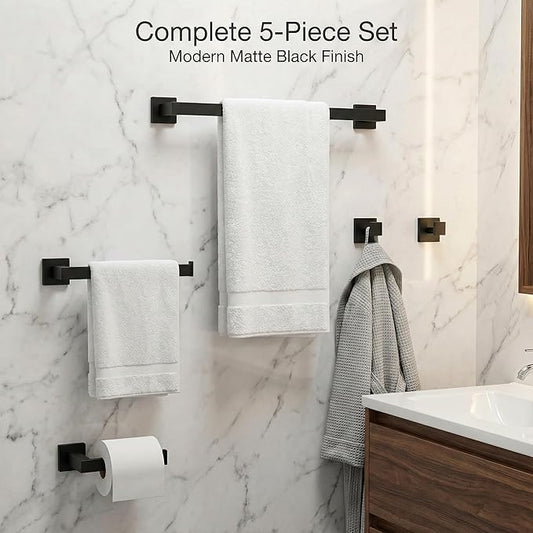 5 Piece Bathroom Hardware Set Matte Black, SUS304 Stainless Steel Towel Bar Set, Modern Square Accessories with 16 Inch Rack Toilet Paper Holder Robe Hooks (Matte Black)