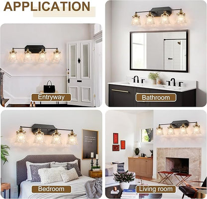 Vintage Bathroom Vanity Light Fixtures, Black and Gold 4-Light Vanity Light, Antique Bathroom Lighting Fixtures Over Mirror with Crystal Glass Shade, Vanity Lights for Bedroom Living Room Hallway