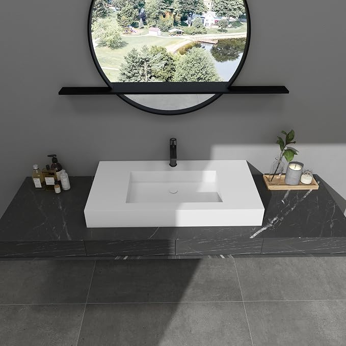 SJ Star&Jane 35" x 19" in Solid Surface Bathroom Sink, Wall-Mount or Countertop Vessel Sink, Rectangle Floating Vanity Sink, Pre-installed Faucet Holes, Durable Modern Design