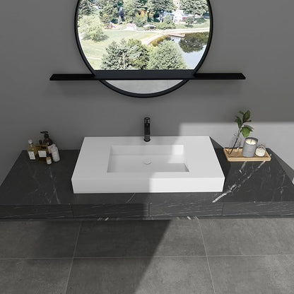 SJ Star&Jane 35" x 19" in Solid Surface Bathroom Sink, Wall-Mount or Countertop Vessel Sink, Rectangle Floating Vanity Sink, Pre-installed Faucet Holes, Durable Modern Design