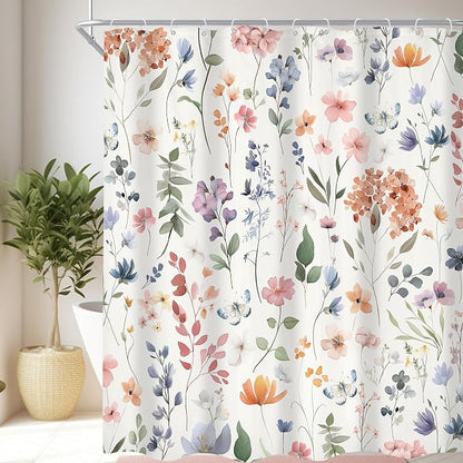 Boho Flower Extra Long Wildflower Girly Floral Bathroom Shower Curtain Set | 72"W x 84"H Leaves Botanical; waterproof HD print, quick-dry fabric and plastic hooks for easy setup.