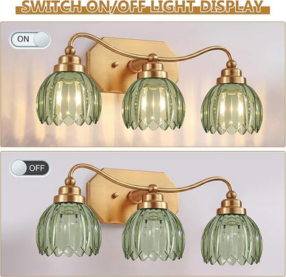 Vintage Gold Vanity Lights, 3 Light Tulip Crystal, Antique Brass Finish | Brushed Gold Bathroom Light Fixtures, Green Wall Sconce Ideal for Bedroom, Living Room, E26 Compatible, Easy Install