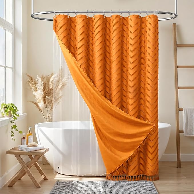 Dynamene Extra Long Shower Curtain and Liner Set - 96 inch Tall Boho Shower Curtain and Waterproof Clear Liner, Tufted Chevron Striped Tassel Shower Curtains for Bathroom, 12 Hooks, 72x96, Orange
