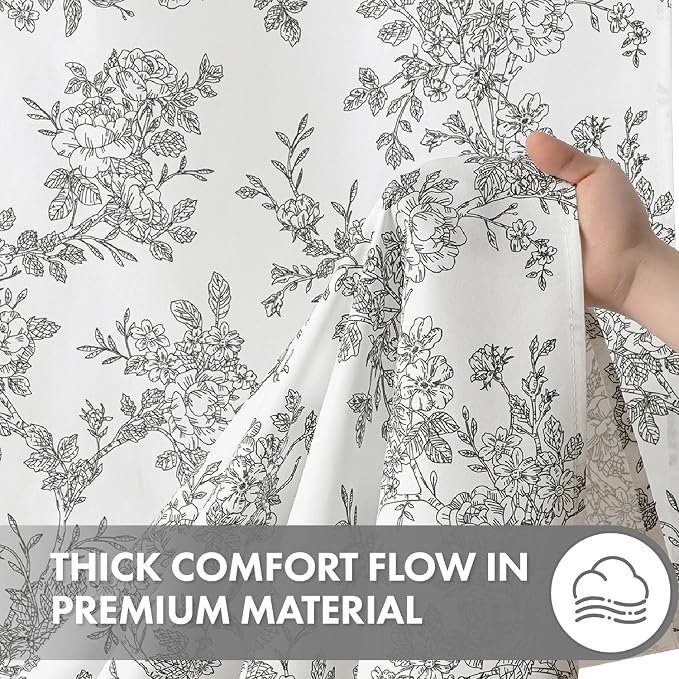 Extra Long Black Floral Shower Curtain W72*L84 Inches Long | Linen Textured Fabric, 12 Rustproof Metal Hooks, Wrinkle Resistant Cloth, Machine Washable, Bathroom Decor for Cottage Core