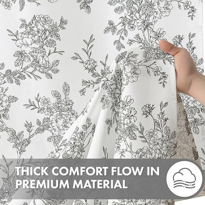 Extra Long Black Floral Shower Curtain W72*L84 Inches Long | Linen Textured Fabric, 12 Rustproof Metal Hooks, Wrinkle Resistant Cloth, Machine Washable, Bathroom Decor for Cottage Core