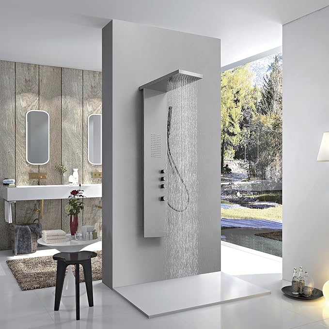 Shower Panel System Shower Wall Tower with Body Massage System Rain Shower Handheld 3 IN 1 High Pressure Jets Stainless Steel, Brushed Nickel