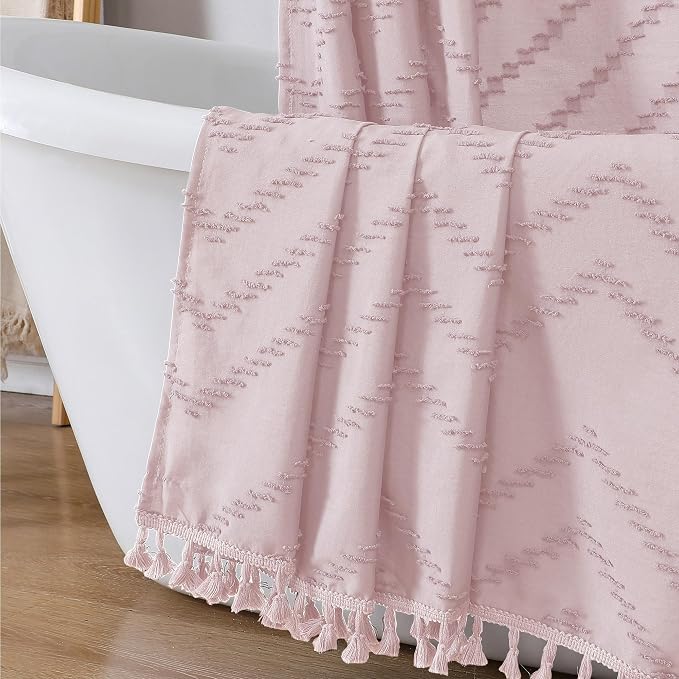 Boho Shower Curtain, Blush Pink Fabric Cloth Shower Curtains Farmhouse Tufted Chevron Striped Textured with Tassel for Bathroom, Soft Hotel Style Modern Minimalist, Machine Washable, 72x72