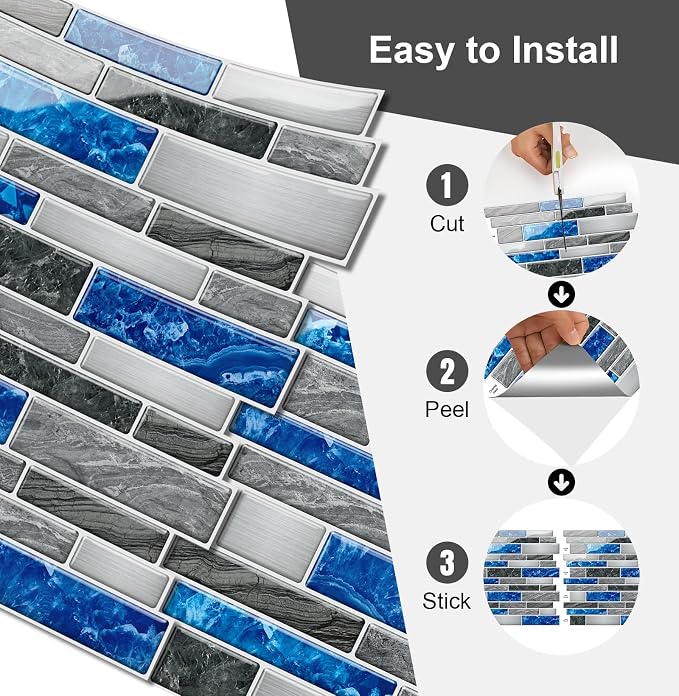 10 Sheets Peel and Stick Backsplash, Peel and Stick Tiles, Marble Look Wall Tiles Backsplash for Kitchen and Bathroom, Livingroom, 12”x12”,Blue&Grey