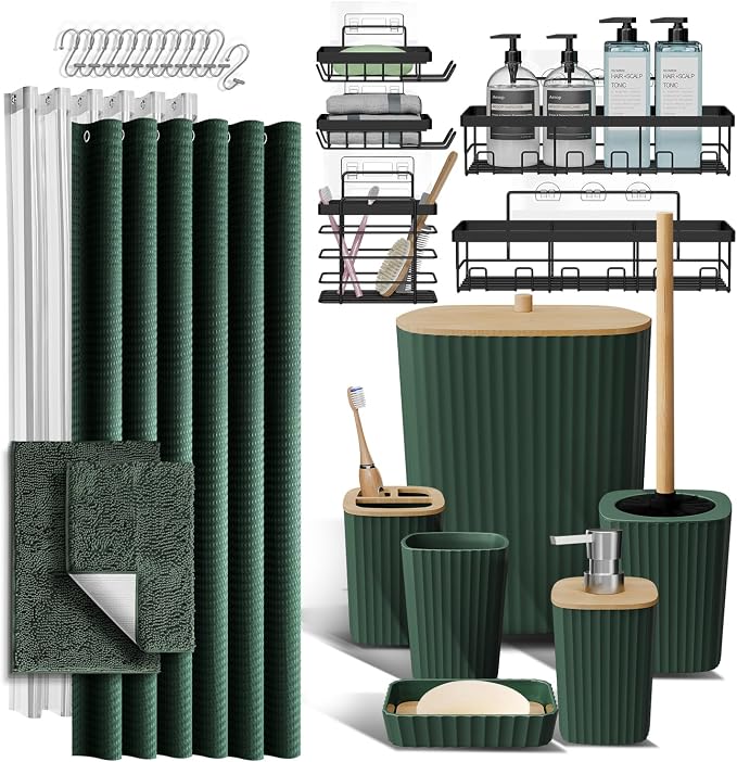 Clara Clark Bathroom Accessories Set - 27PC Bathroom Set with Adhesive Corner Shower Caddy Hanging, Bathroom Sets with Shower Curtain and Rugs, Hunter Green Shower Curtain Set with Bathroom Trash Can | 27 Piece Hunter Green Bathroom Sets with Shower Cu...