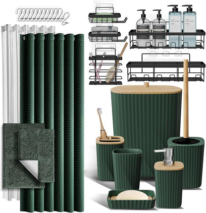 Clara Clark Bathroom Accessories Set - 27PC Bathroom Set with Adhesive Corner Shower Caddy Hanging, Bathroom Sets with Shower Curtain and Rugs, Hunter Green Shower Curtain Set with Bathroom Trash Can | 27 Piece Hunter Green Bathroom Sets with Shower Cu...