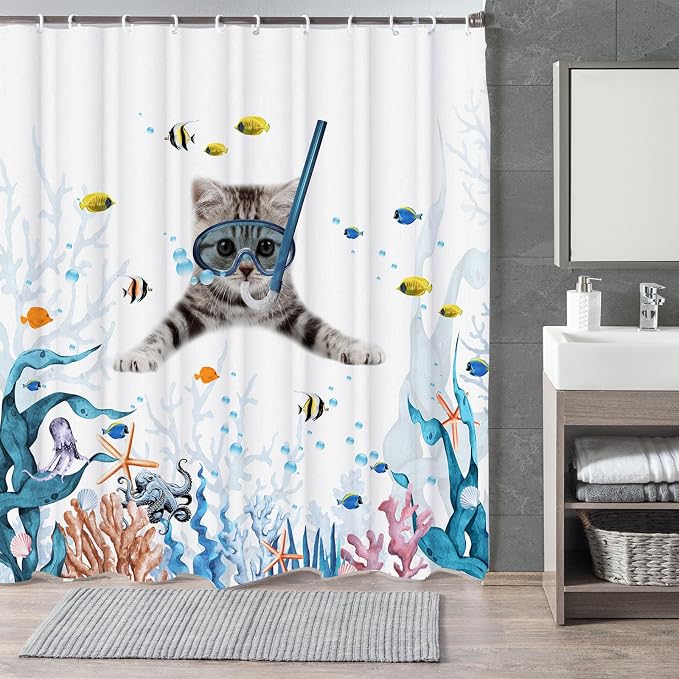 Funny Cat Shower Curtain,Cute Cat Teal Blue Sea OceanShower Curtain Set,Underwater Animal Fabric Shower Curtains for Bathroom with Hooks 72X72inches